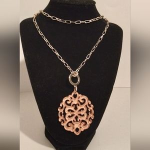 Beige/Light Peach Damask Resin Pendant Necklace, 18K Gold Chain